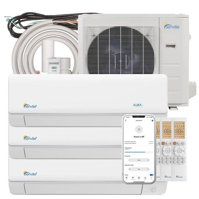 Senville AURA Mini Split - 36,000 BTU 3 Zone Ductless Air Conditioner and Heat Pump with Line Sets, SENA-36HF-T121212